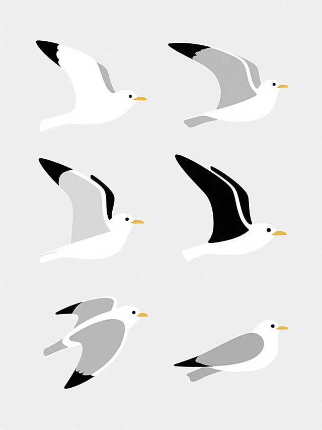白色背景上，六只不同样式、不同风格、不同材质的海鸥整齐排列，它们整体呈现简约的扁平化设计风格，主色调为白色并搭配黑色的翅膀尖端，每只海鸥都有着流畅的线条和简洁的形态，展现出轻盈灵动的氛围，视觉上给人一种干净、整齐且富有设计感的体验，就像精心设计的装饰图案一样和谐地组合在一起。