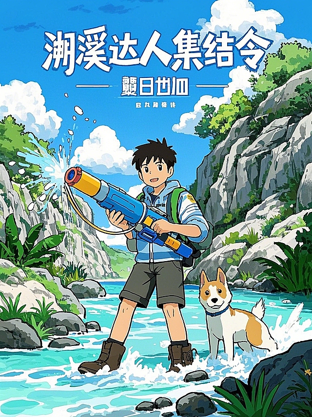 清新卡通风格，男孩与狗狗在溪边嬉戏，手持水枪，背景绿意盎然，充满夏日欢乐氛围。