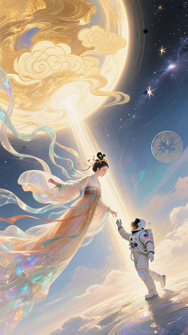 对角线构图，画面左侧嫦娥斜飞在天空（披帛向右飘）向下与宇航员互动，背景左侧暖金祥云光晕、右侧星河与国风圆形元素，光影从中心向四周扩散。古今对话、跨越时空的奇幻浪漫感。