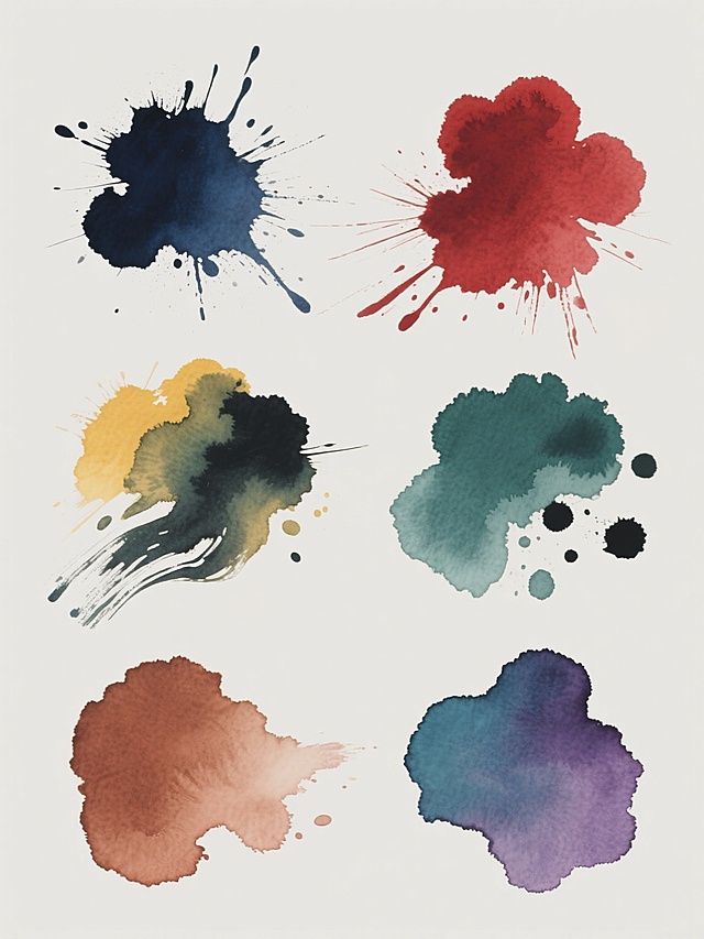 六个风格统一的系列素材集合，每个素材均为中国传统水墨风格的泼墨元素，保持浓淡变化的墨韵层次感、自然晕染的边缘效果和干湿笔触的质感，整体造型完全不同，包括挥洒状、扩散状、团簇状、流纹状、斑点状和不规则块状，所有泼墨元素规整排布在纯色背景上，每个泼墨元素分别呈现为深邃蓝、朱砂红、藤黄、石绿、赭石和青莲紫的色彩，画面中无任何文字和多余元素。