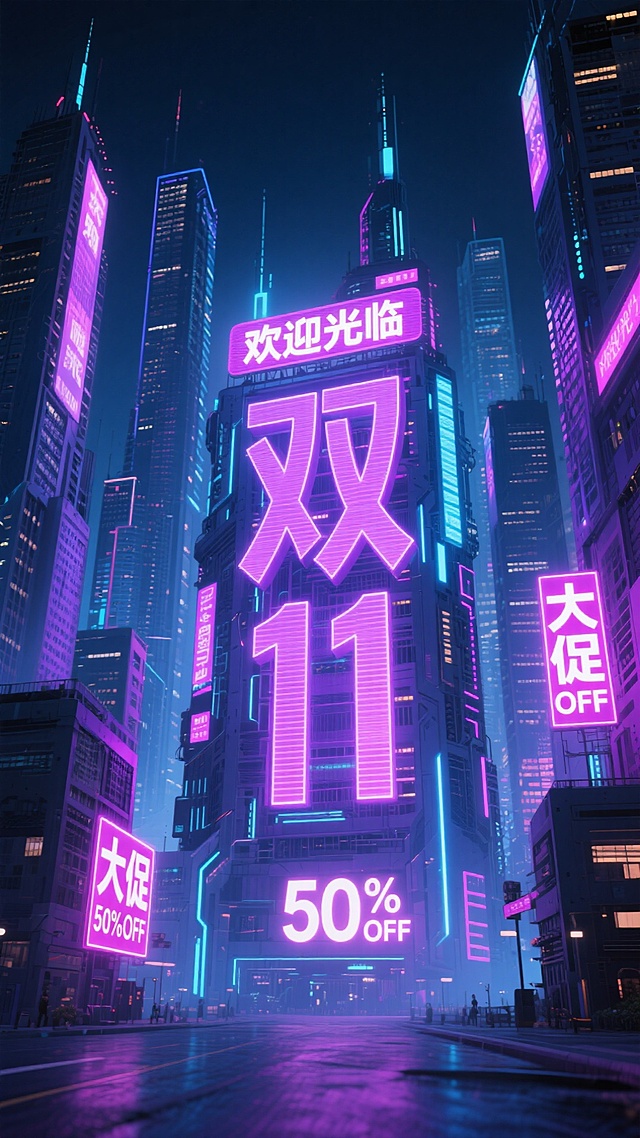 赛博朋克风格的未来城市夜景：发光的“双11”字形的机械大楼上方霓虹文字广告牌“欢迎光临”立在中间。高耸摩天楼布满密集，周围带有“大促”“50%OFF”等促销信息的霓虹招牌。紫、粉、蓝等鲜亮霓虹交织，搭配全息投影显示，繁华的科幻科技城市