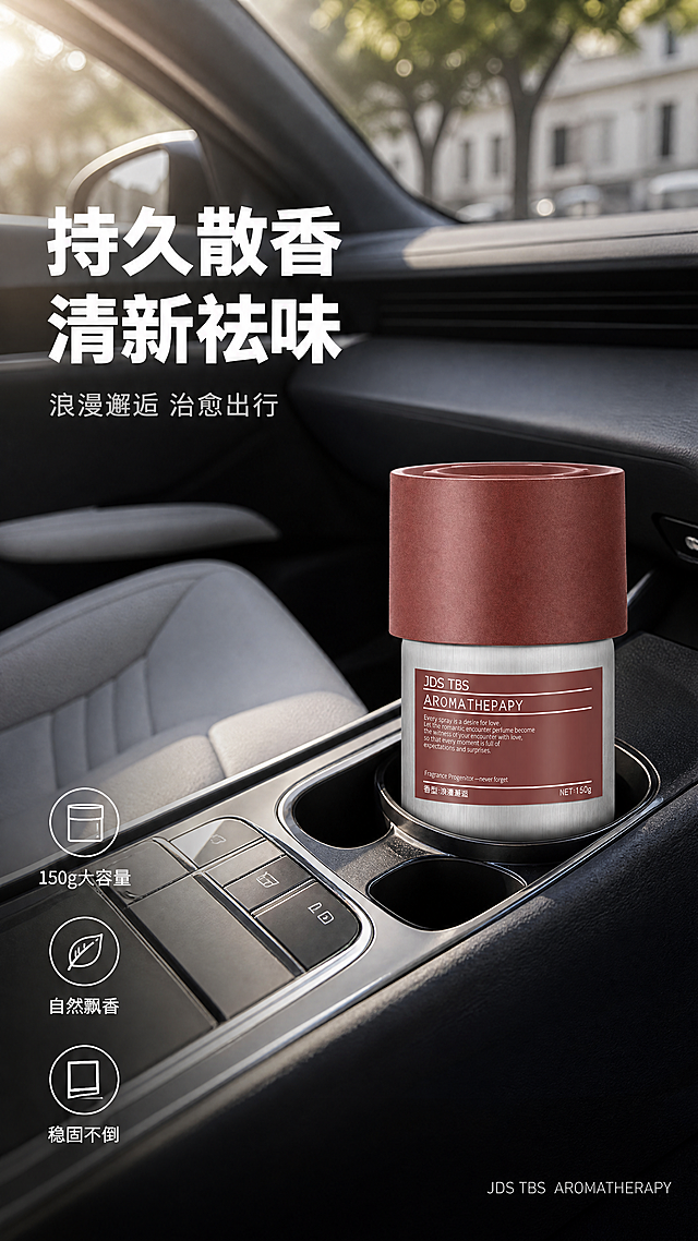 [第1屏] 详情页头图-车载香膏新品宣传海报，本屏使用【图1】作为商品主体。
[氛围/风格] 现代简约高级风，温馨车载场景，商业摄影质感，自然通透氛围感。
[元素布局] 车载香膏放置在汽车中控台水杯位区域，占据画面右侧主体约65%区域，保持香膏棕红色瓶盖、银灰色瓶身、棕红色标签、包装文字信息的物理结构、材质质感、颜色与输入产品图一致。背景为汽车内部驾驶场景，包含黑色中控台面、浅灰色座椅、透过车窗的户外街景，至少3种环境元素，整体场景自然不突兀。
[光影质感] 左侧自然光斜射入车内，主光照亮瓶身标签，瓶身形成柔和明暗层次，中控台留下自然投影，整体通透真实，产品边缘清晰。
[配色色系] 全局底色：#2C2C2C（深灰车内）；主体配色：#A85C48（棕红色瓶盖标签）+ #E0E0E0（银灰色瓶身）；辅助色：#1A1A1A（黑色中控）+ #FFFFFF（白色文字）。
[视角构图] 驾驶位斜侧视角，景深自然，主体香膏位于画面偏右侧黄金分割点，左侧预留文字区域，阅读动线从上到下清晰。
[文字版式] 左侧区域排版：顶部主标题「持久散香 清新祛味」白色加粗，字号占画面宽度10%，左对齐；副标题「浪漫邂逅 治愈出行」浅灰色，字号约主标题40%，主标题下方左对齐；左下区域3个功能小图标配文字：「150g大容量」「自然飘香」「稳固不倒」，图标简约线性，文字白色清晰，不遮挡主体。右下角小字标注「JDS TBS AROMATHERAPY」英文装饰。
[比例分辨率] 9:16竖版比例，4K分辨率，文字清晰可辨，超高清。
[负向提示词] 瓶身变形，瓶盖缺失，颜色偏差，包装文字错乱，水印，产品图模糊，背景杂乱，文字遮挡主体，诱导按钮。