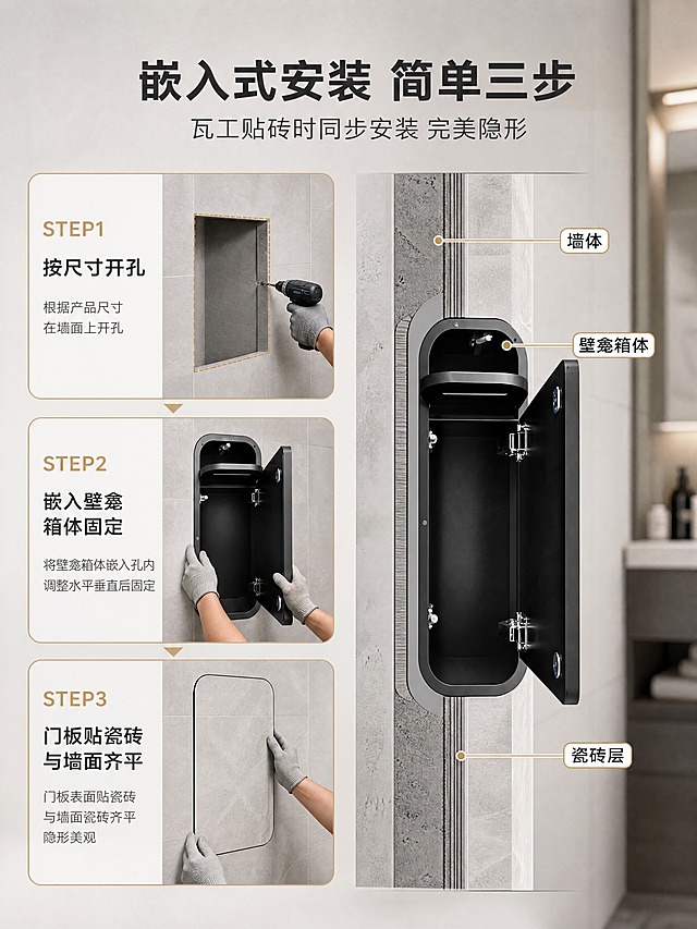 [商品] 使用【图3】黑色款嵌入式壁龛产品侧面开门图；保留产品厚度、铰链结构、内部空间、整体外形比例；用于安装步骤示意中的产品主体。
[画面] 目标：安装步骤演示，让用户看懂怎么装。左侧3步安装流程图示（STEP1开孔→STEP2嵌入箱体→STEP3贴瓷砖完成），配手部施工动作示意；右侧产品嵌入墙面剖面示意图，展示安装结构关系。阅读动线：顶部标题→左侧三步流程→右侧剖面示意。
[视觉] 套系策略：风格=现代轻奢商业卫浴摄影风；标题字=现代无衬线粗黑体；正文字=简洁无衬线体；主色=高级灰+米白瓷砖色；背景延展=浅灰渐变底+施工场景淡色底纹；强调色=香槟金，仅用于步骤序号和引线；标题色=深炭灰；正文色=中暖灰；组件=圆角步骤卡、箭头指引、剖面线稿；光影=柔和均匀光，清晰展示步骤示意。
[文字] 顶部主标题"嵌入式安装 简单三步"，副标题"瓦工贴砖时同步安装 完美隐形"。左侧三步：STEP1 按尺寸开孔 / STEP2 嵌入壁龛箱体固定 / STEP3 门板贴瓷砖 与墙面齐平。右侧剖面图标注：墙体/壁龛箱体/瓷砖层。文字横向排版，步骤清晰。
[规格] 图片比例3:4竖版，4K，medium。避免变形、错字、文字过小、安装逻辑错误、比例失调。