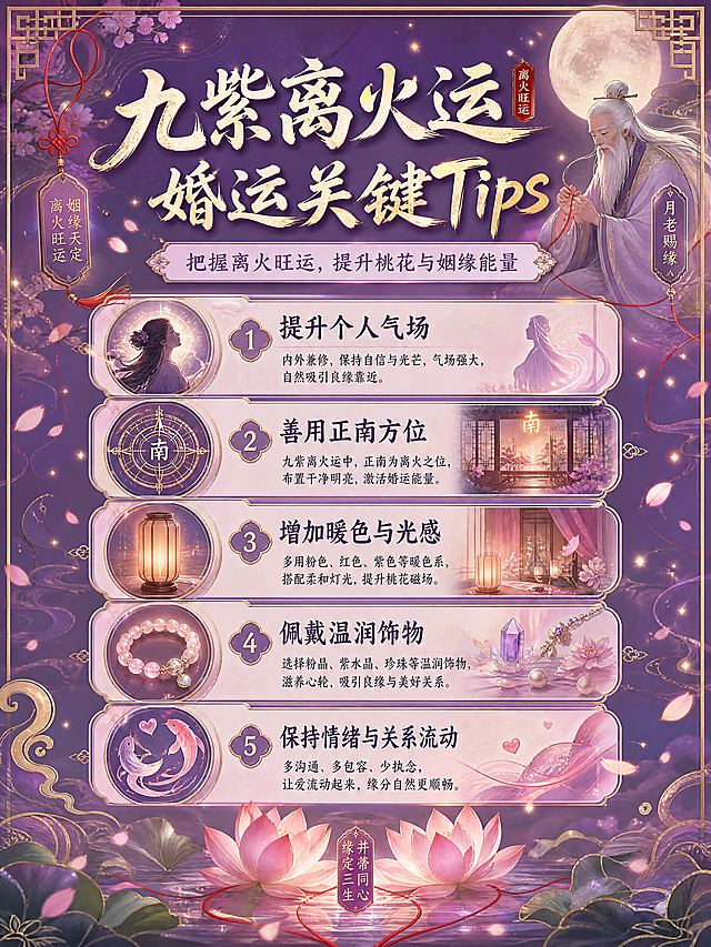 关键提示页，三比四，紫色背景古纹爱情元素，九紫离火运婚运关键Tips，排版清晰，古风浪漫