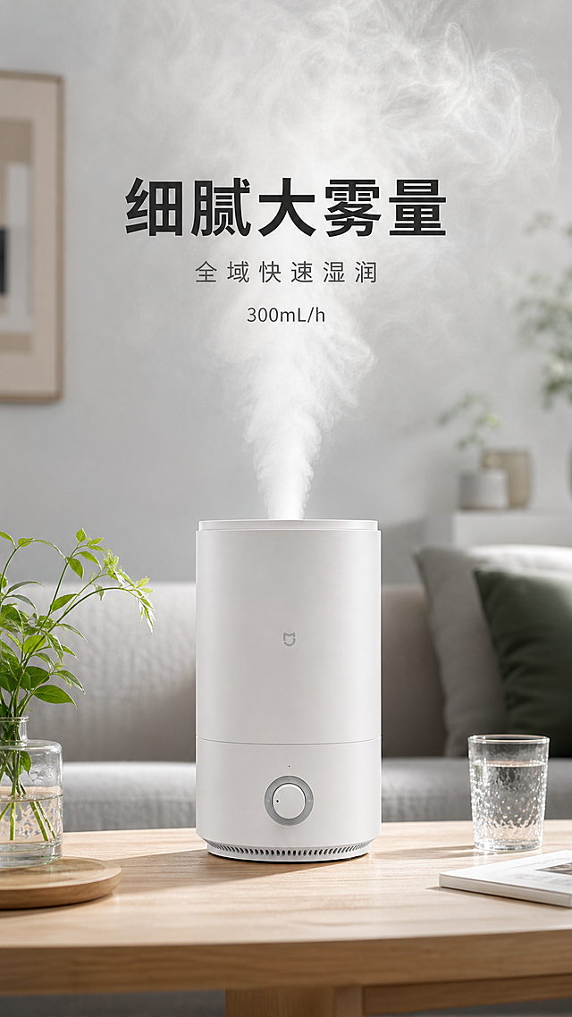 主文案"细腻大雾量"居中放大粗体，副文案"全域快速湿润"在下方纤细浅灰字体居中对齐，搭配300mL/h数据小字；加湿器近景特写，细腻水雾喷射飘散，桌面搭配简约绿植、玻璃杯，浅灰家居背景，横向全景构图展示加湿覆盖效果；8K高清，水雾颗粒细腻通透，产品旋钮细节清晰，自然光柔和，实景客厅拍摄质感