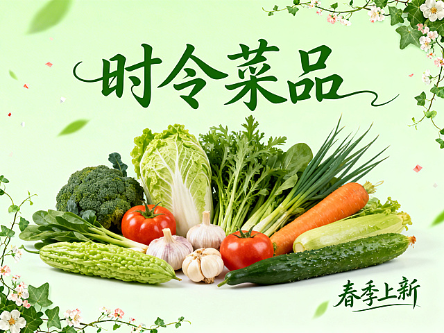 横版时令菜品宣传海报，整体嫩绿色为主色调，顶部采用飘逸花体字书写大标题"时令菜品"，右下角标注花体字"春季上新"，用藤蔓和碎花做边缘装饰，中间陈列多种新鲜应季蔬菜，自然清新春日氛围，餐饮海报设计