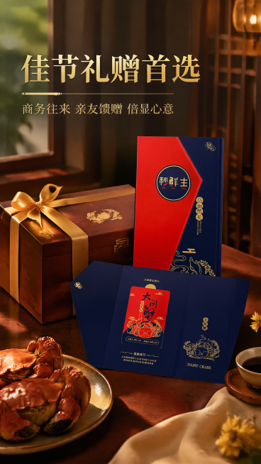 [第5屏] 礼赠场景展示-节日送礼、商务馈赠氛围感场景。[氛围/风格] 高端商务礼赠氛围感，中秋国庆节日温馨氛围，画面雅致高级。[元素布局] 画面右侧放置完整的秒鲜生大闸蟹三折屏礼券，搭配精致实木礼盒预览效果