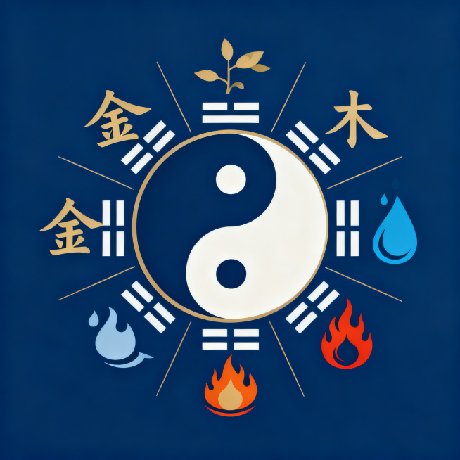 中国中医文化图腾，阴阳太极图结合五行元素，深蓝色简约典雅背景，传统中医哲学象征预览效果