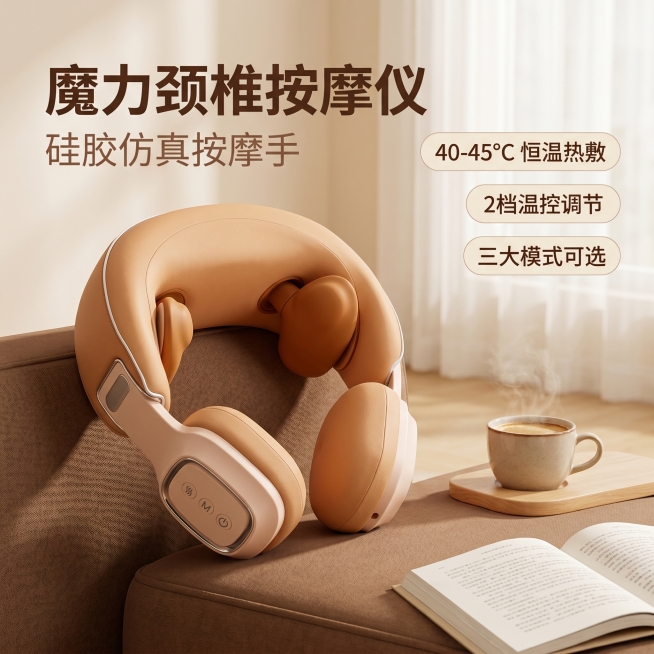 [主图-1] 魔力颈椎按摩仪场景氛围首图。
[氛围风格] 家居治愈风，温馨舒适，温暖松弛的居家氛围
[画质] 商业摄影质感，光线柔和通透，产品清晰真实，画面干净高级，超高清
[元素] 将魔力颈椎按摩仪预览效果