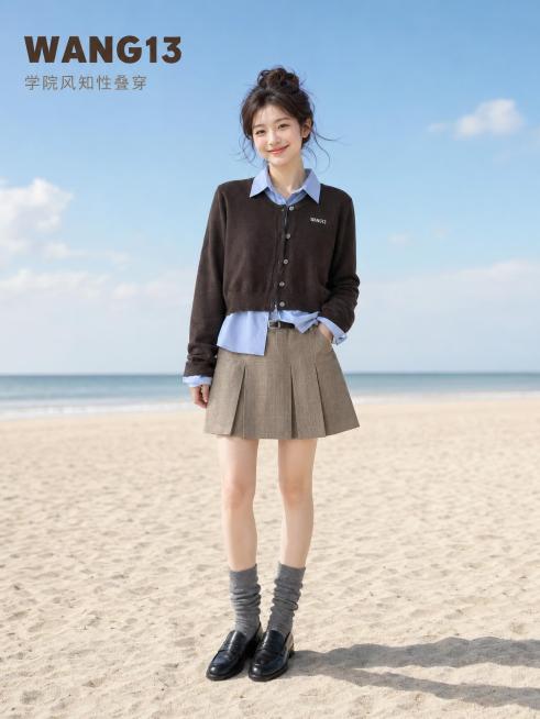 [主图 1] WANG13学院风女装知性叠穿穿搭首图；[氛围风格] 甜美复古融合风格，日常精致松弛感，清新阳光海滩氛围；[画质] 商业摄影质感、光线柔和通透、产品清晰真实、画面干净高级；[元素] 年轻预览效果