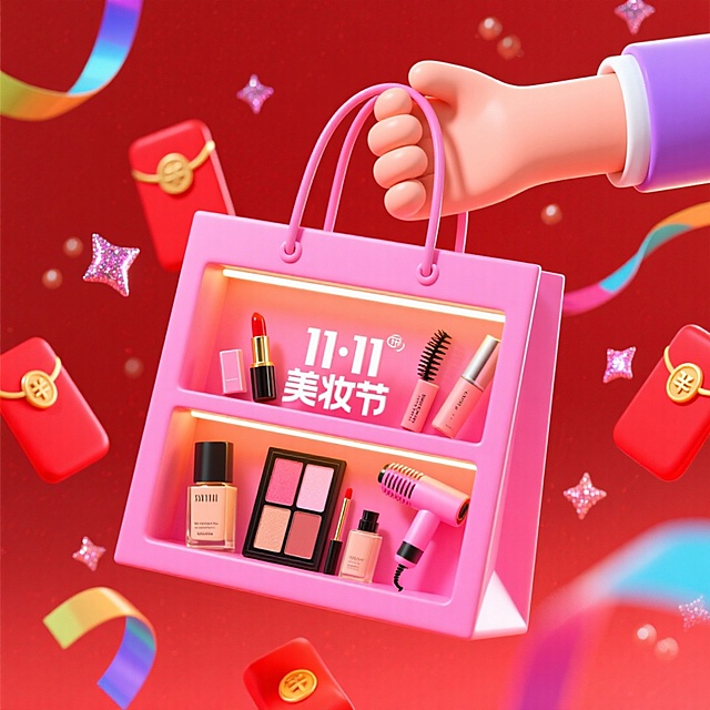 画面主视觉是一只手提着巨型粉色购物袋。购物袋内部设计成双层橱窗形式，展示着口红、眼影、睫毛膏、粉底液、腮红、卷发棒等。袋子上印着“11·11 美妆节”，周围环绕着闪粉、红包、彩带等元素。电商红色背景。