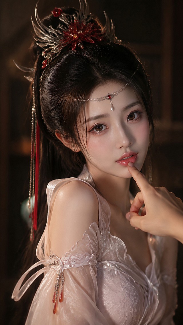 写实风格人像摄影，9:21竖版手机截图，平视近景镜头，整体光影偏暗，暖调柔光聚焦人物面部与上半身，昏暗模糊的室内背景。年轻东方女性，约二十岁，乌黑亮丽长发在头顶梳成高髻，发髻佩戴银金双色金属古风发饰，造型为尖锐羽翼状，点缀多颗圆润红色宝石与红色花朵状装饰，垂挂细链与红色飘带。额间佩戴银色波浪形额饰，中央镶嵌红色宝石，下方垂银色小坠珠。面妆精致：粉棕色晕染眼影，长翘睫毛根根分明，浅棕色水润眼眸，自然粉晕脸颊，光泽感极强的亮粉色唇釉微张露出一点齿尖，神态无辜娇柔。身穿古风仙侠风格服饰：上衣为半透明纱质面料，印有精致白色暗纹，露肩设计，边缘带透明立体压花装饰并点缀细小珍珠，左臂套浅粉色纱质袖套，袖套边缘银色金属环装饰垂红色宝石吊坠。画面右下角一只手食指轻抵她下唇，姿态轻柔