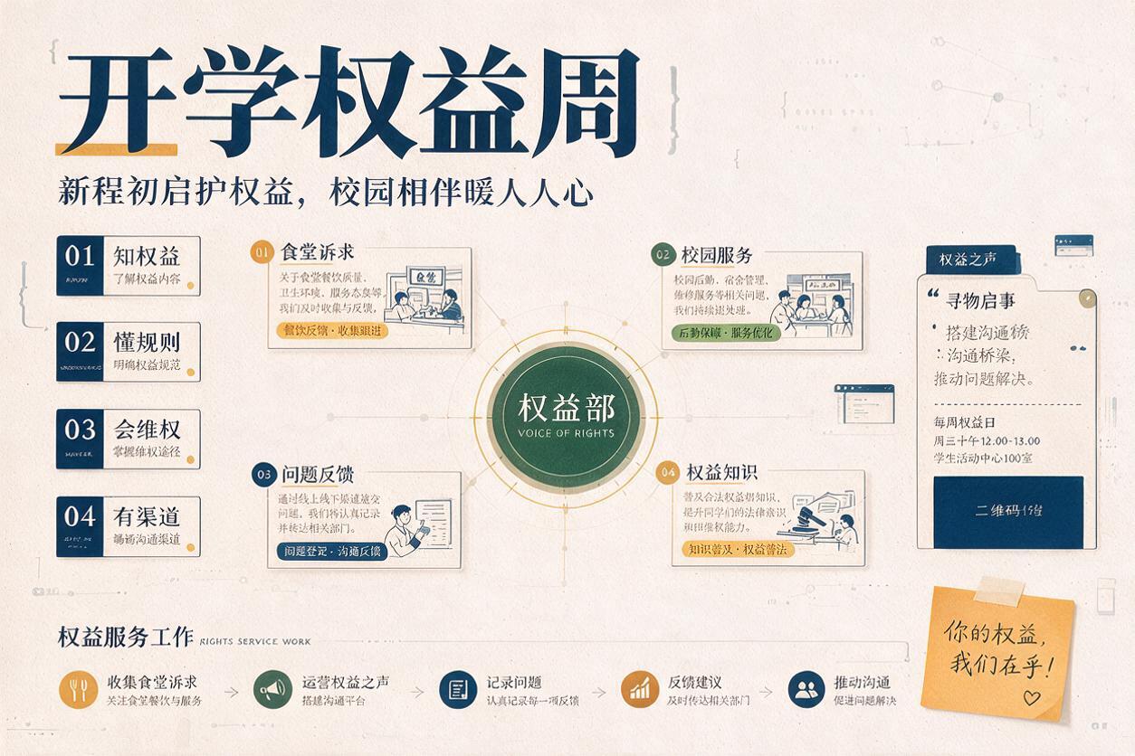 横向A4比例的大学权益部宣传海报，现代大学校刊编辑设计风格，米… - 图片创意预览