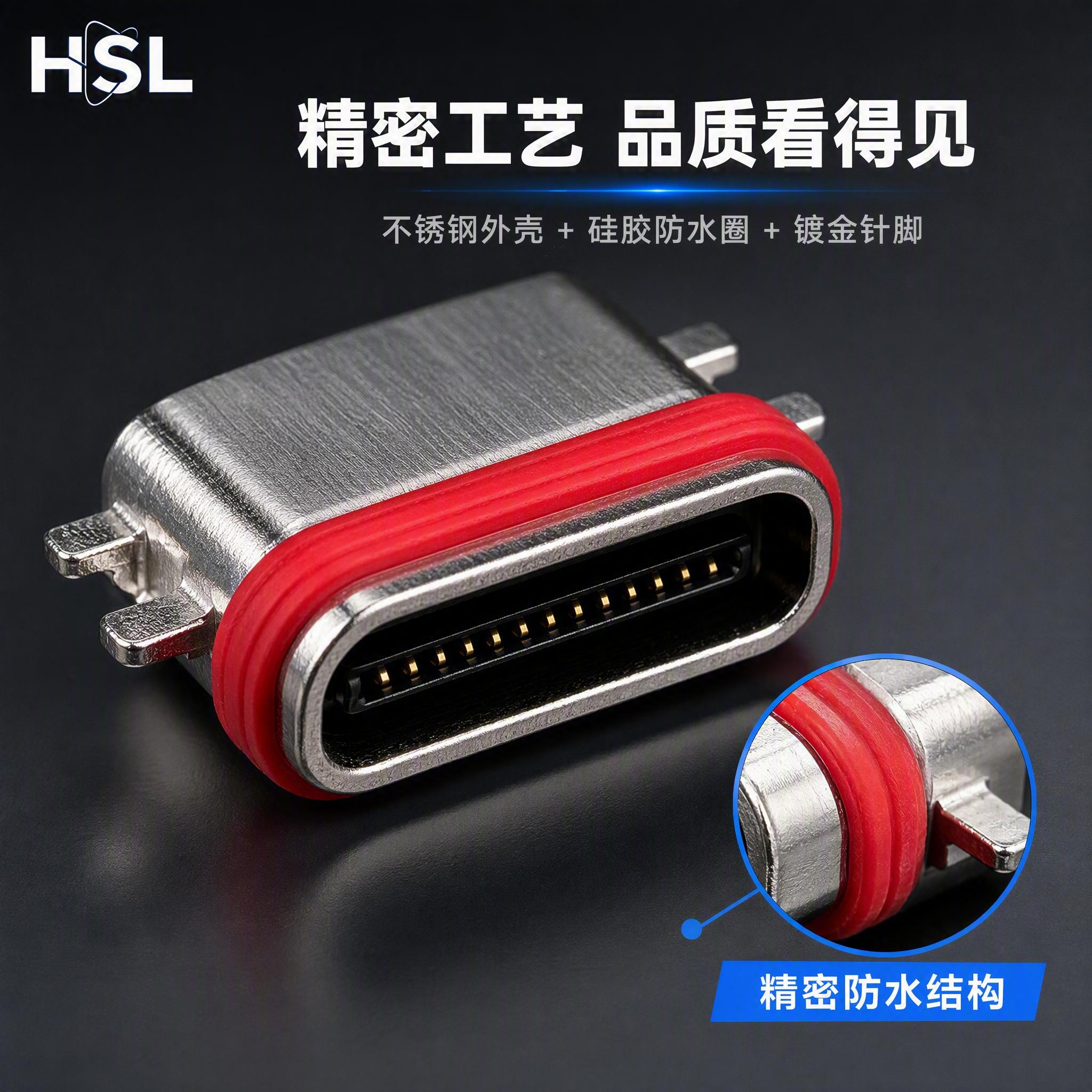 [主图-3] 材质与工艺细节图，微距展示防水Type-C母座的… - 图片创意预览