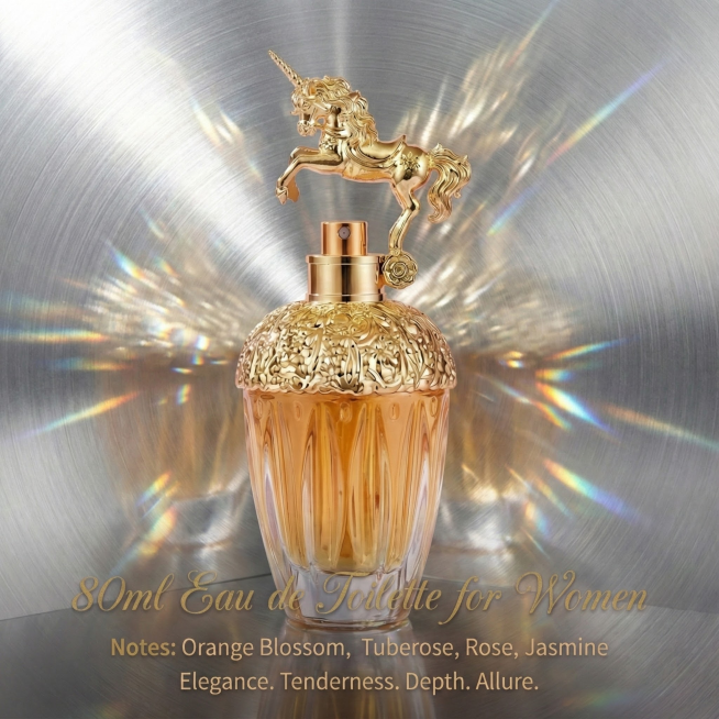 为这款80ml女士淡香水，生成6张宣传海报，图片尺寸比例1:1，高级调性，符合欧美审美，海报上的文案是英文，不能有中文，图片中的盒子删掉，只保留瓶子，不要改变产品本身的造型，贴合产品卖点，卖点参考以下预览效果