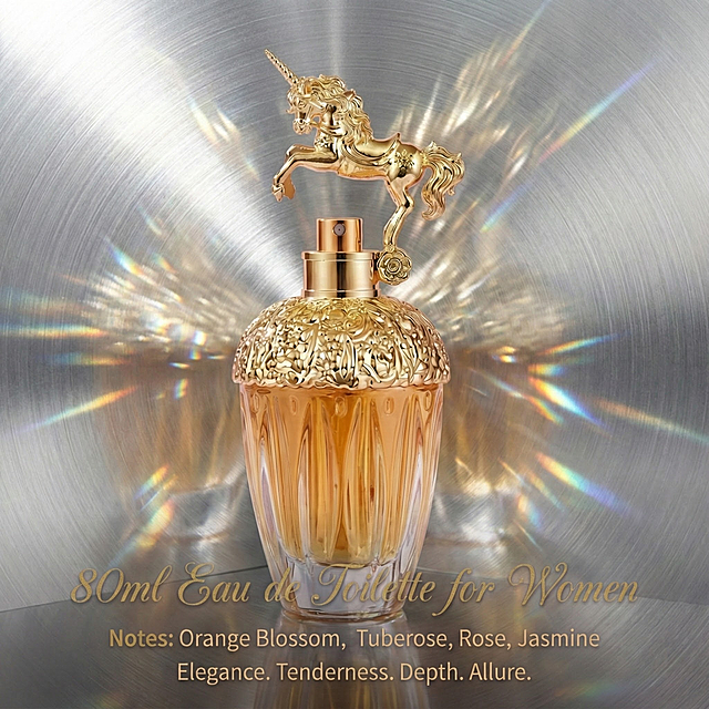为这款80ml女士淡香水，生成6张宣传海报，图片尺寸比例1:1，高级调性，符合欧美审美，海报上的文案是英文，不能有中文，图片中的盒子删掉，只保留瓶子，不要改变产品本身的造型，贴合产品卖点，卖点参考以下：这款香水是女士香水，容量80ml，香调包括橙花、晚香玉、玫瑰茉莉等，象征温柔与优雅，深邃与诱惑