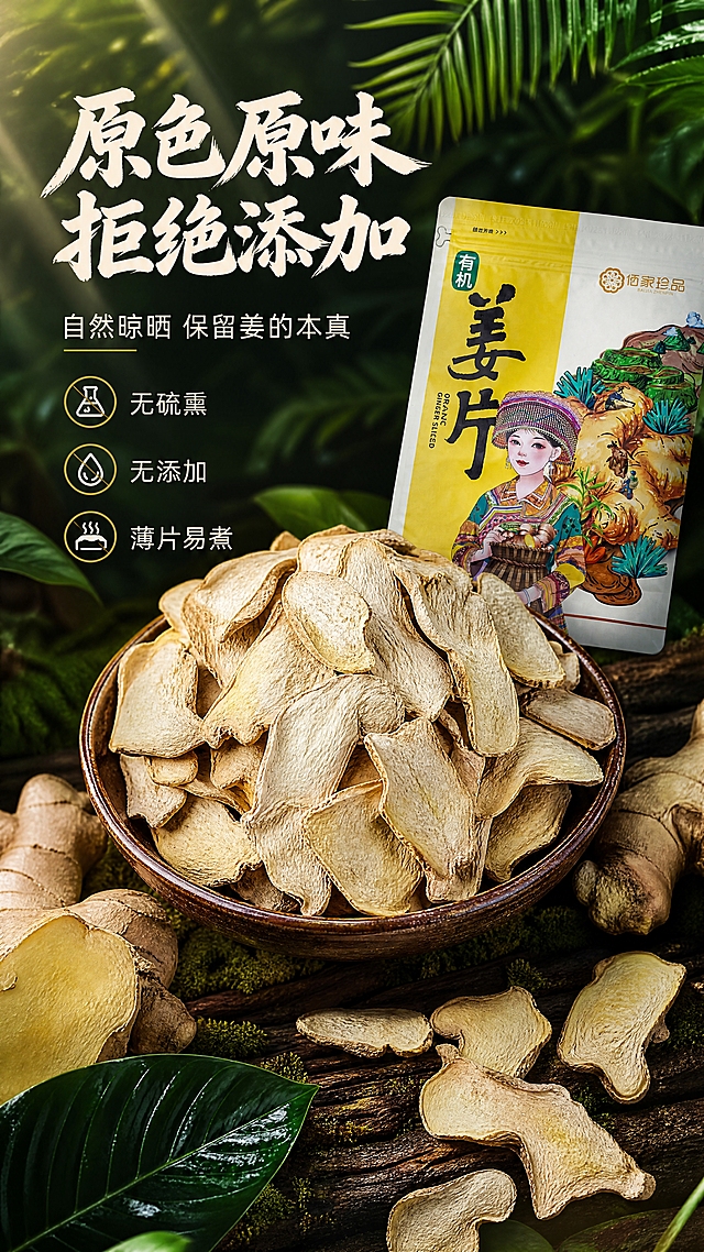 [商品] 使用【图4】干姜片实物与包装袋；保留干姜片浅黄薄片形态、自然纹理、不规则边缘；保留包装袋外观与文字。
[画面] 目标：干姜片质地特写页，展示产品真实品质与"拒绝添加"卖点。构图：微距特写，画面中央为一碗干姜片（占画面50%），周围散落干姜片与鲜姜块对比，背景虚化的雨林绿叶。俯拍角度，突出干姜片的色泽与质地细节。
[视觉] 套系策略：风格=山地雨林原生态商业摄影风；标题字=书法衬线粗体；正文字=简洁无衬线体；主色=森林深绿+姜黄；背景延展=基于森林深绿做深浅层级、雨林植物剪影和阳光穿透质感；强调色=姜黄色，仅用于小面积图标、引线和标签；标题色=米白色；正文色=浅米黄；组件=圆角深绿信息卡、细线引线、植物叶片装饰；光影=侧上方暖柔光，突出姜片纹理质感。
[文字] 左上主标题"原色原味 拒绝添加"，副标题"自然晾晒 保留姜的本真"，三个卖点"无硫熏""无添加""薄片易煮"，文字位于左上留白，不遮挡干姜片主体。
[规格] 图片比例9:16竖版，4K，负向：避免变形、错字、文字过小、姜片颜色改变、冷蓝背景、医疗功效宣传、极限词。