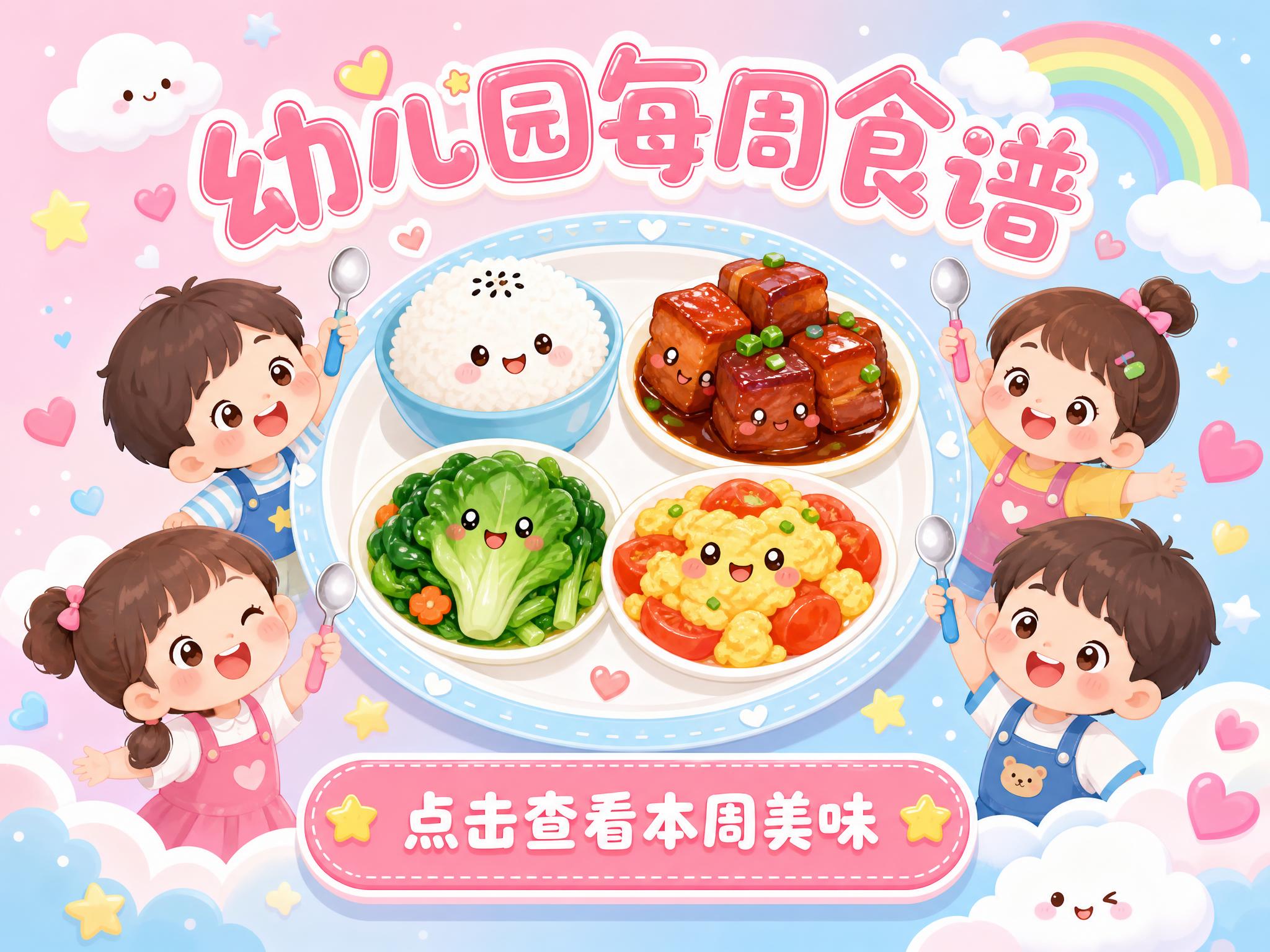 一张幼儿园食谱小程序分享封面图，可爱卡通风，马卡龙粉蓝色系为主… - 图片创意预览