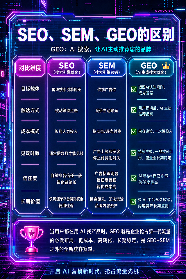 将这张SEO、SEM、GEO区别对比图改成赛博朋克风格，保留所有文字内容不变，整体色调霓虹蓝紫，带有科技故障艺术质感，发光线条和未来科技感背景
