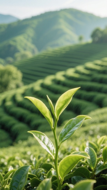 写实摄影风格，嫩绿与深绿渐变的茶园景观，近景为清晰的茶叶特写，叶片纹理分明，带有清晨柔和的侧逆光效果，阳光透过叶片形成半透明的光影质感，背景为层层叠叠的梯田式茶园，延伸至远处的绿色山坡，整体色调清新自然，光线明亮偏暖，构图采用近景对焦、背景虚化的浅景深处理，展现茶园的生机与层次感，氛围宁静而富有自然活力。预览效果