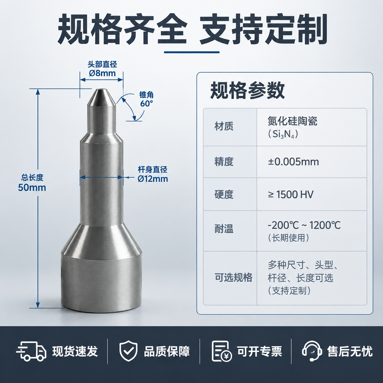 [主图-5] 规格参数与服务背书图，主题是氮化硅陶瓷定位销的尺… - 图片创意预览