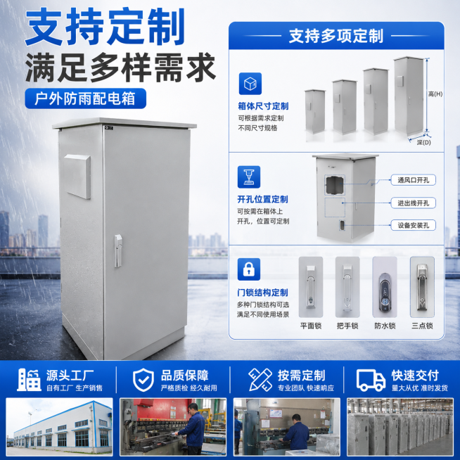 户外防雨配电箱卖点展示，突出支持定制服务，可定制箱体尺寸、开孔位置、门锁结构等，配文案“支持定制 满足多样需求”，工厂实力风，1:1构图，适配爱采购平台，清晰的定制说明排版预览效果