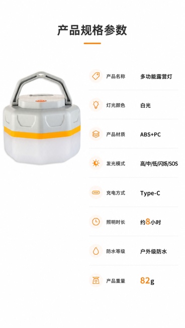 [第8屏] 产品规格参数信息卡。本屏使用【图1】产品标准照。
[氛围/风格] 简约信息卡设计，清晰直观，专业规范。
[元素布局] 产品放置在画面左上位置，占比约35%，右侧为参数信息列表，整齐排列各项预览效果