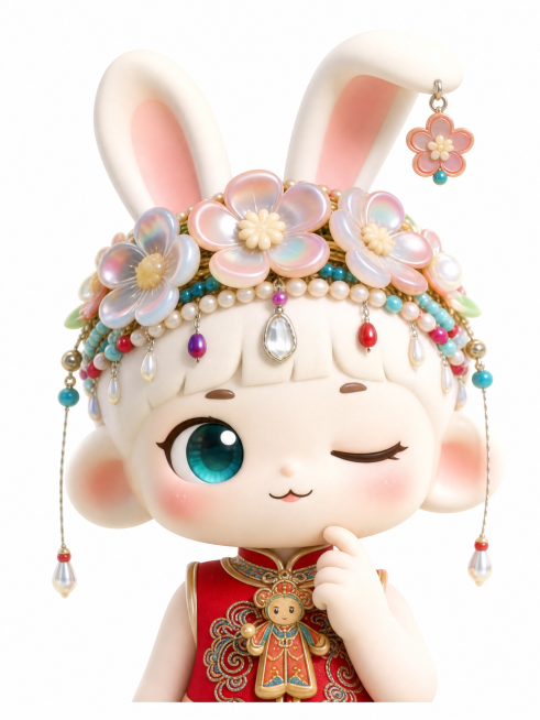 参考图中保持IP角色形象一致，兔女孩盲盒形象，中式国潮风格，半身像，纯白色背景，思考眨眼表情，动作幅度小，3D粘土风格预览效果