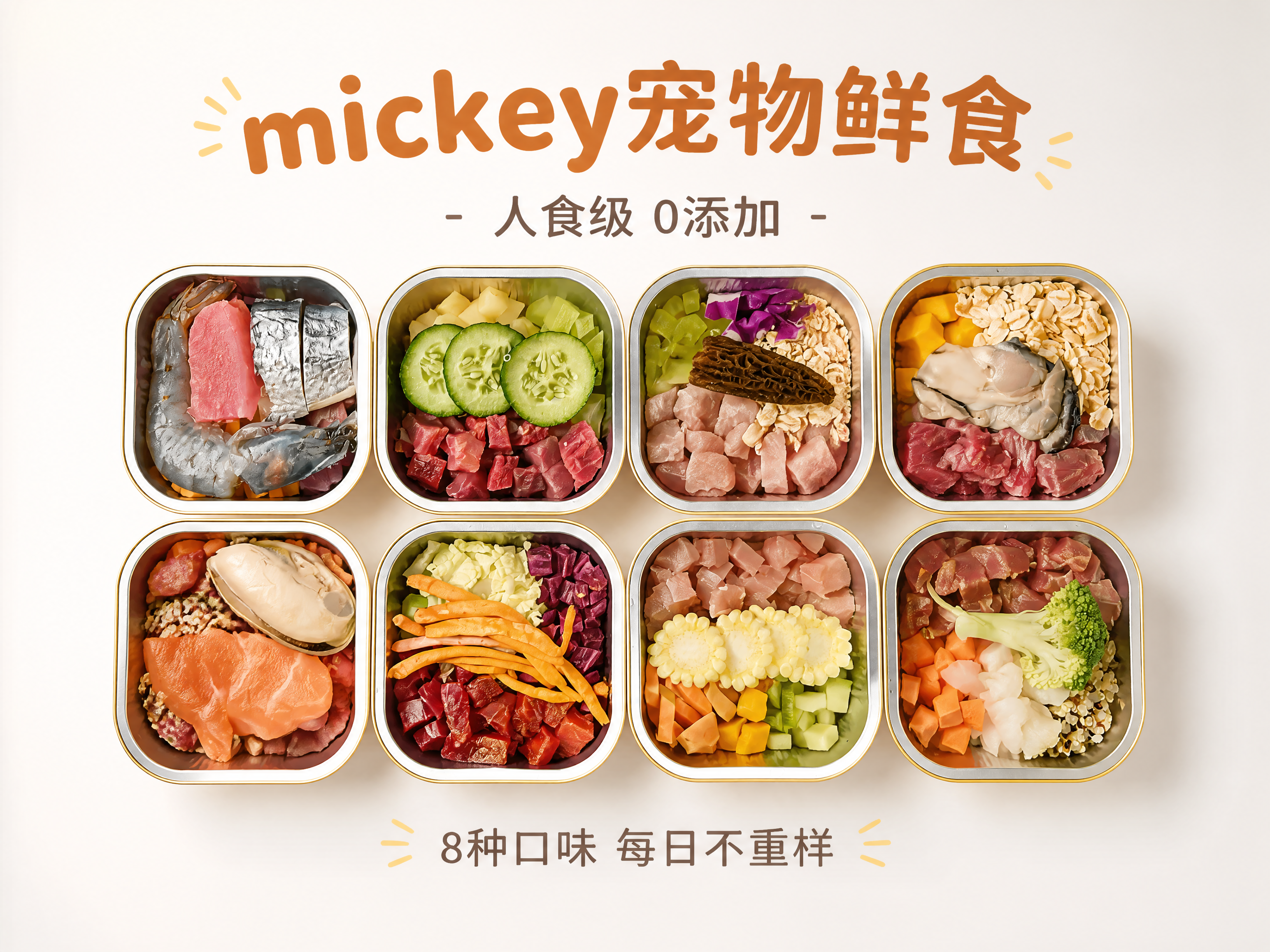 小红书宠物鲜食首图，ins风明亮干净风格。画面主体是8个铝箔鲜… - 图片创意预览