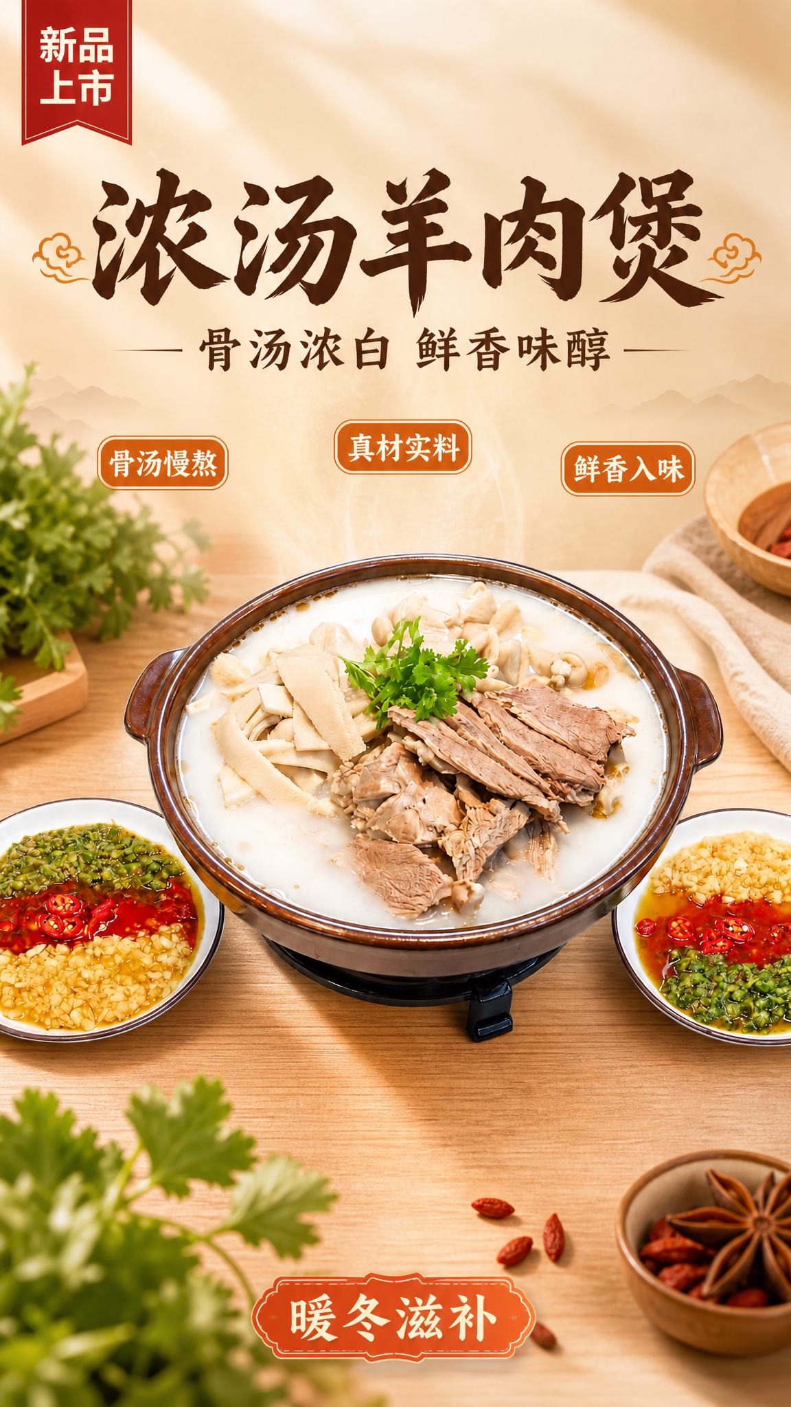 写实商业摄影风格的食品电商海报，画面主体为上传的浓汤羊肉煲砂锅… - 图片创意预览