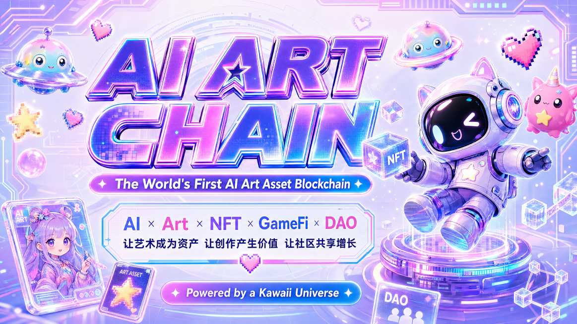 AI ART CHAIN全球首个AI艺术资产公链封面，大标题“AI ART CHAIN”，副标题“The World's First AI Art Asset Blockchain”，正文“AI ×预览效果