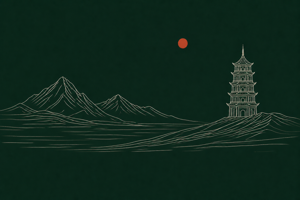 生成和参考图类似的线描山水古塔图，深墨绿色背景，白色线条勾勒山脉古塔，红色圆形太阳，国风禅意风格，线条简约流畅预览效果