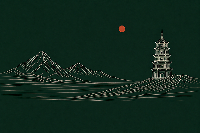 生成和参考图类似的线描山水古塔图，深墨绿色背景，白色线条勾勒山脉古塔，红色圆形太阳，国风禅意风格，线条简约流畅