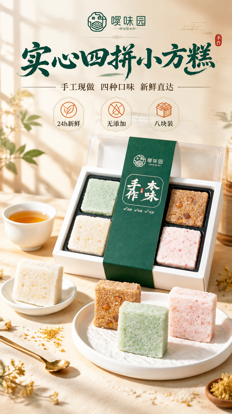 [商品] 使用【图1】实心四拼小方糕礼盒装；保留白色礼盒+深绿… - 图片创意预览