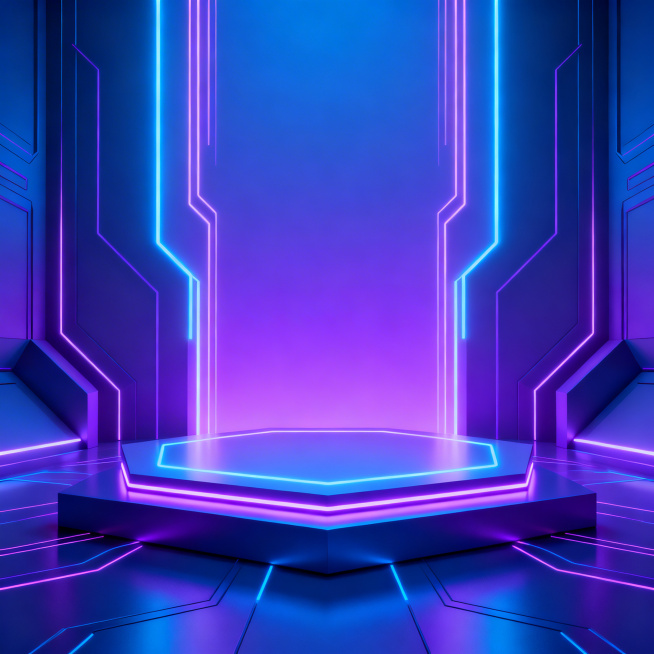 赛博朋克风电商展台背景，霓虹灯效果，蓝紫色渐变，科技感线条，几何切割展台，未来科技感，适合数码产品展示预览效果