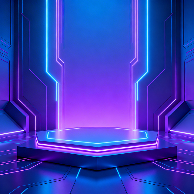赛博朋克风电商展台背景，霓虹灯效果，蓝紫色渐变，科技感线条，几何切割展台，未来科技感，适合数码产品展示