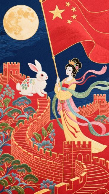 精细苏绣质感，丝线光泽与针脚纹理清晰可见，中秋玉兔与嫦娥、国庆五星与长城在锦绣画卷中交织，背景为渐变的中国红与夜空蓝，高雅华丽。预览效果