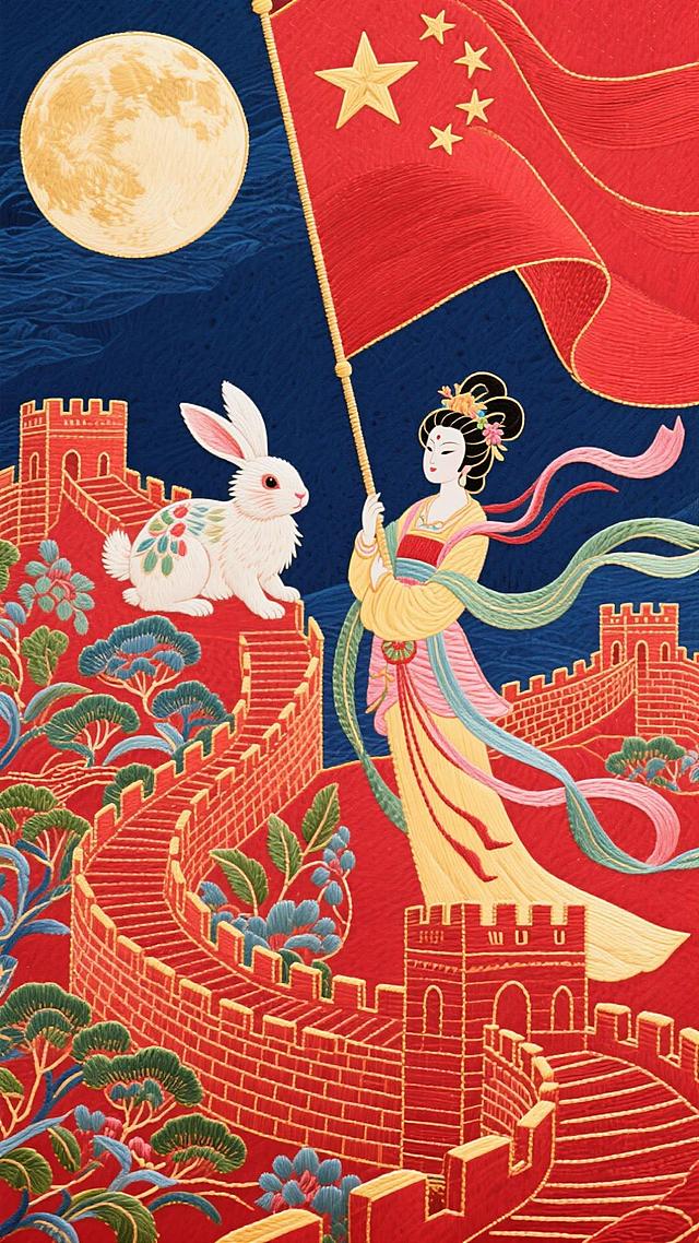 工笔刺绣风融合国潮元素，嫦娥持国旗立于长城之上，玉兔相伴，满月高悬，红蓝配色尽显中式古典与喜庆梦幻之感。