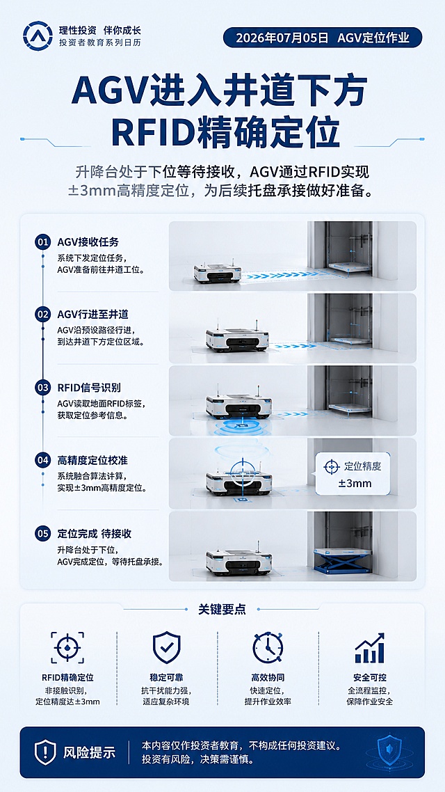 生成一张9:16竖版每日常态化理性投教日历海报，纯净无水印、无手机状态栏、无边框。
主题：AGV设备定位作业流程科普
日历类型：流程图解投教日历
视觉流派：科技极简
顶部标签："2026年07月05日 AGV定位作业"
主句："AGV进入井道下方RFID精确定位"
解释语："升降台处于下位等待接收，AGV通过RFID实现±3mm高精度定位，为后续托盘承接做好准备。"
画面结构：顶部日期/标签，中部主句，下方步骤图解，底部风险提示。
要求：低饱和配色，深蓝+浅灰，信息层级清晰，留白充足，图文排布整齐，展示作业定位流程示意图，表达专业克制，不出现收益承诺、产品推荐、买卖指令。
风险提示："本内容仅作投资者教育，不构成任何投资建议。投资有风险，决策需谨慎。"
视觉流派：科技极简
物料类型：图解海报
画面比例：9:16 竖版，交付 1080x1920
画面结构：顶部标题，中部步骤图解，底部关键提醒+风险提示
LOGO位置：仅顶部信息区；优先左上角
主色方案：深蓝+雾蓝+冷灰，低饱和配色
版式要求：栅格化分栏，模块边界清晰，主标题可在3秒内识别
元素要求：使用科技感图形，同一元素在单图中最多出现2次，禁止高饱和营销元素
合规要求：底部独立风险提示区清晰可读，不得删除、遮挡或弱化
纯净要求：无水印、无手机状态栏、无边框、无截图效果