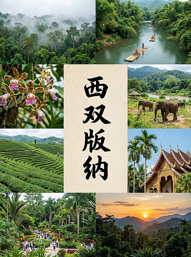 你的任务
帮我制作几份由地区的2到9张拼图出来的风景宣传照片，并在图片中心用正楷标上地点
#地点分别为
1. 西双版纳（🌴热带风情）3. 厦门（🌺文艺清新慢游）2. 珠海（🌊浪漫滨海圣地）4. 南宁（🌿暖冬绿城秘境）#备注
要求图片写实，使用香蕉2.0，图片比例3:4，且不要出现任何人的正面照。
#备注
在标记地点时，只需要有地点就行，比如：
江苏·同里——江南古镇慢节奏
就只需要在拼图中间有：江苏·同里就行