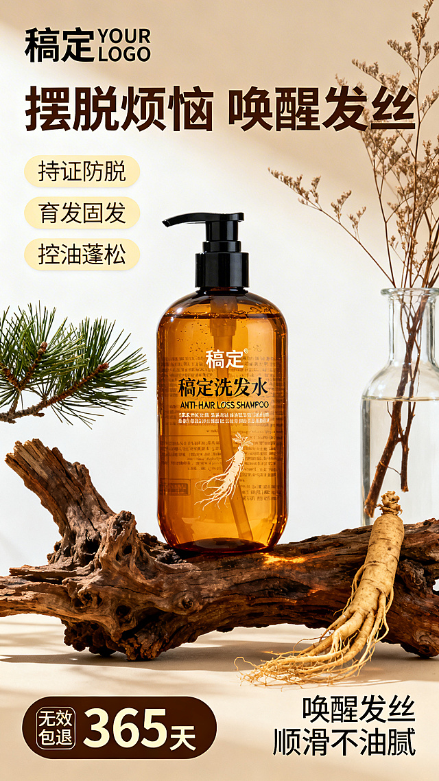 商业摄影电商主图，8K超高清，琥珀色按压瓶防脱洗发水，瓶身印有“稿定洗发水”“ANTI-HAIR LOSS SHAMPOO”及草本配方说明，搭配黑色按压泵头，置于风化枯木之上，左侧搭配松枝，右侧搭配人参根与透明玻璃花瓶（内插枯枝），45°侧拍，主体居中，构图平衡。浅米色渐变柔焦背景，柔和侧光，无硬阴影，突出瓶身通透感、木质纹理与草本质感，营造天然专业的新中式草本氛围。画面上方为深棕色粗体无衬线主标题“摆脱烦恼 唤醒发丝”；左侧为三个米黄色圆角标签，分别标注“持证防脱”“育发固发”“控油蓬松”；左下角为深棕色圆角矩形，内有“无效包退”小字及大号“365 天”字样；右下角为“唤醒发丝 顺滑不油腻”；左上角为“稿定 YOUR LOGO”品牌占位。整体色调暖棕金色系，搭配米白、深棕点缀，质感高级天然，风格为新中式草本专业风，无水印，无多余杂物，专业洗护电商主图。