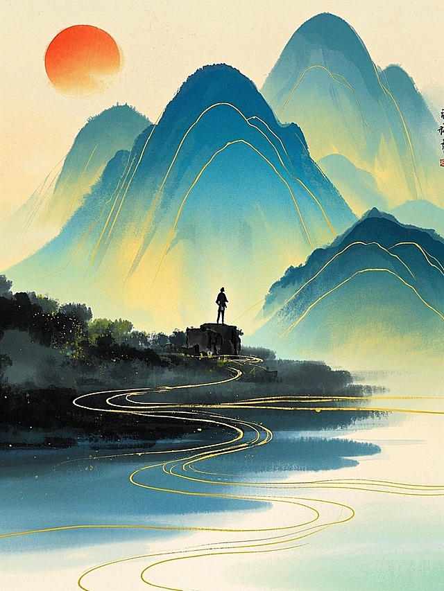 中式水墨插画，古典山水梦幻交织，金线勾勒路径，夕阳映衬诗意。