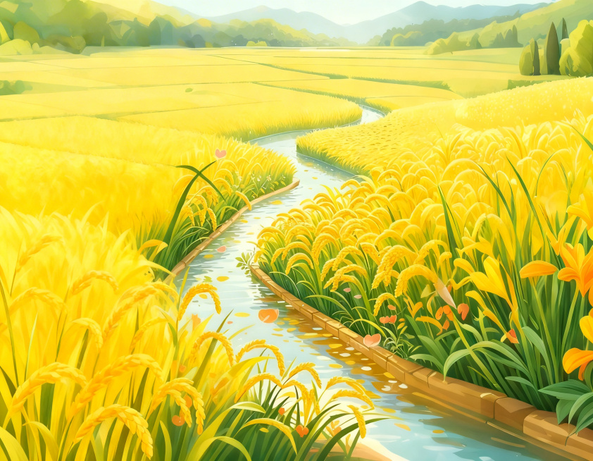 去掉画面中所有四只燕子，保留原图的金黄稻田溪流插画风格，画面其他元素和构图保持不变，去除燕子后自然衔接画面预览效果