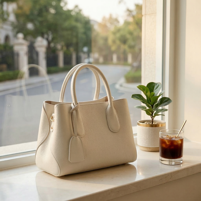 这款奶白色荔枝纹真皮托特包放置在轻奢风奶白色落地窗窗台上，旁边摆放一盆小型绿植和一杯冰美式咖啡，柔和的午后自然光洒在包身上，整体氛围干净通透高级，适合种草展示，保持白色包包原有颜色、纹理和造型不变预览效果
