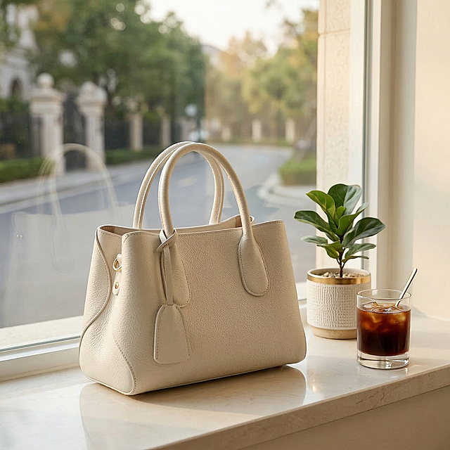 这款奶白色荔枝纹真皮托特包放置在轻奢风奶白色落地窗窗台上，旁边摆放一盆小型绿植和一杯冰美式咖啡，柔和的午后自然光洒在包身上，整体氛围干净通透高级，适合种草展示，保持白色包包原有颜色、纹理和造型不变