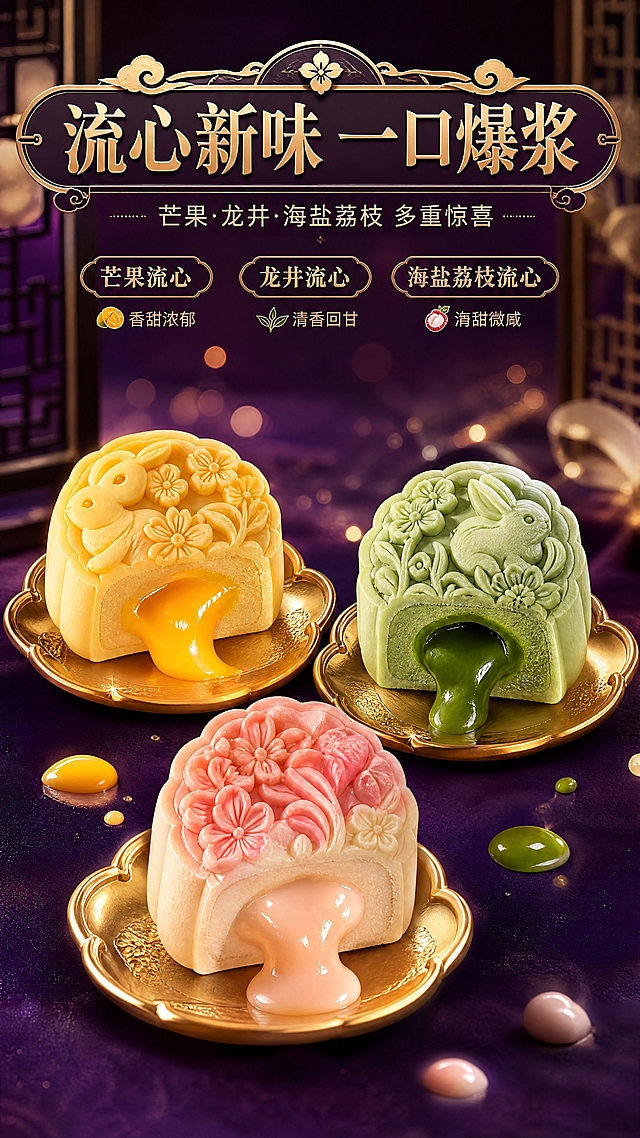 [商品] 使用参考【图7】中的流心月饼系列；展示芒果流心、龙井流心、海盐荔枝流心三款新派流心月饼；每款均被切开，内馅流心呈半流动状态，色泽鲜亮诱人（芒果金黄、龙井翠绿、荔枝粉白）；桃山皮外皮细腻，花纹精致（兔子、花朵等造型）；放在金色小碟上。
[画面] 目标：流心爆浆质感，突出创新口味。构图：居中特写，三款流心月饼呈品字形排列，中间一款流心正缓缓流出，拉丝质感；月饼占画面60%。背景深紫色渐变+金色光斑，前景有细碎流心滴落动态，中景月饼主体，背景虚化光晕，3层层次。
[视觉] 套系策略：风格=中式轻奢高端商业摄影，影棚级质感；标题字=宋体衬线粗体，带轻微烫金质感；正文字=简洁无衬线体；主色=深酒红+高贵紫；背景延展=基于深酒红做渐变层次、中式窗格光影、金色描边装饰框；强调色=香槟金，用于标题字效、装饰线条、小图标、月饼碟；标题色=香槟金渐变；正文色=米白色；组件=金色描边中式边框、云纹装饰角、卷轴式标题底；光影=左前侧暖柔光，右侧补光，礼盒底部柔和投影，整体氛围温暖高级。
[文字] 顶部主标题"流心新味 一口爆浆"，副标题"芒果·龙井·海盐荔枝 多重惊喜"，下方三个小标签分别对应三款口味；文字横向排版，不遮挡流心主体。
[规格] 图片比例9:16竖版，4K，负向提示：避免变形、错字、文字过小、冷蓝背景、流心质感虚假、月饼颜色偏差。