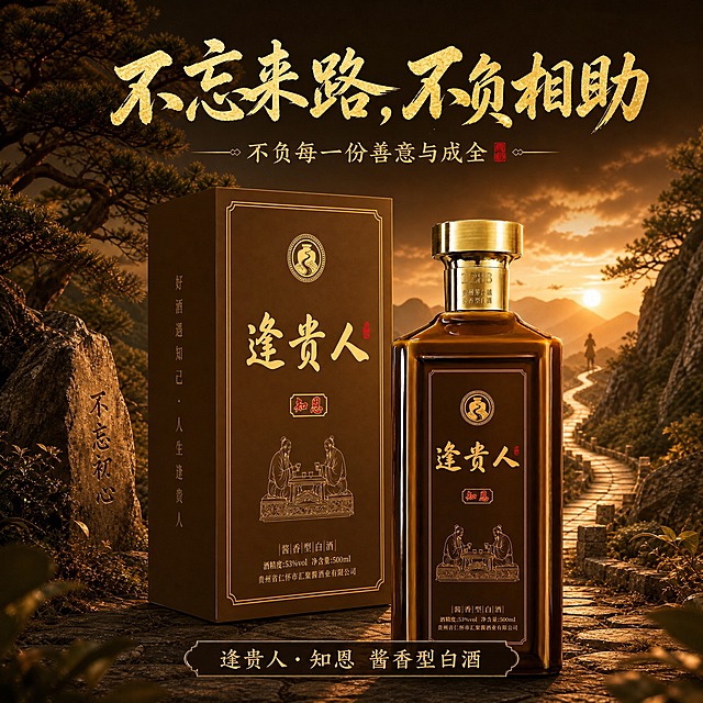 在原图基础上修改：将画面比例改为1:1正方形，在酒瓶左前方加入逢贵人知恩白酒的深棕色包装盒（与上传的盒子图一致，正面有金色逢贵人大字和红色知恩印章），瓶与盒呈前后错落摆放，盒子略微倾斜45度展示立体感。保持原图所有文字内容不变：主标题'不忘来路，不负相助'金色书法大字、副标题'不负每一份善意与成全'、底部'逢贵人·知恩 酱香型白酒'全部保留，文字位置适当调整以适应1:1比例。保持原图背景风格：古道石阶、迎客松、不忘初心石刻、日落暖光等场景元素全部保留，温暖厚重。酒瓶和包装盒均100%还原上传商品图的外形、包装、LOGO、印刷文字、材质质感与颜色。整体新中式国风，商业摄影质感，光影自然融合。