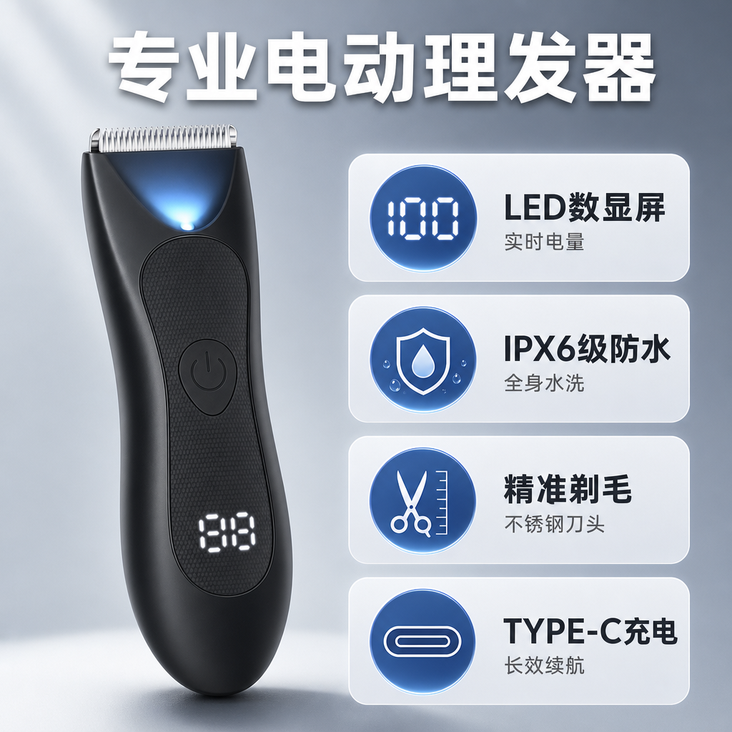 [主图-1] 核心卖点总览图，展示LED数显电动理发器的四大核… - 图片创意预览