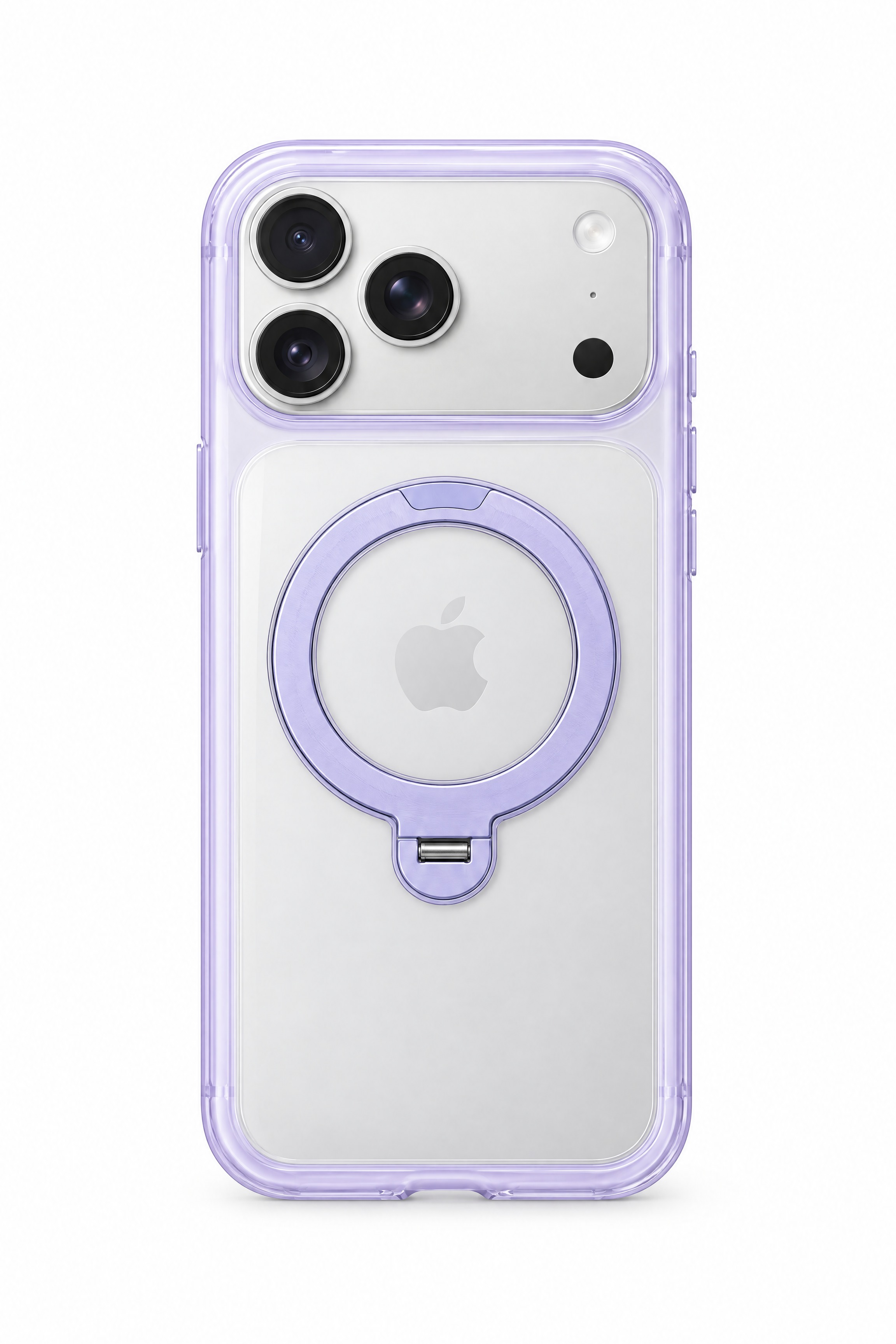 将银白色iPhone手机装入淡紫色边框带磁吸指环支架的透明手机… - 图片创意预览