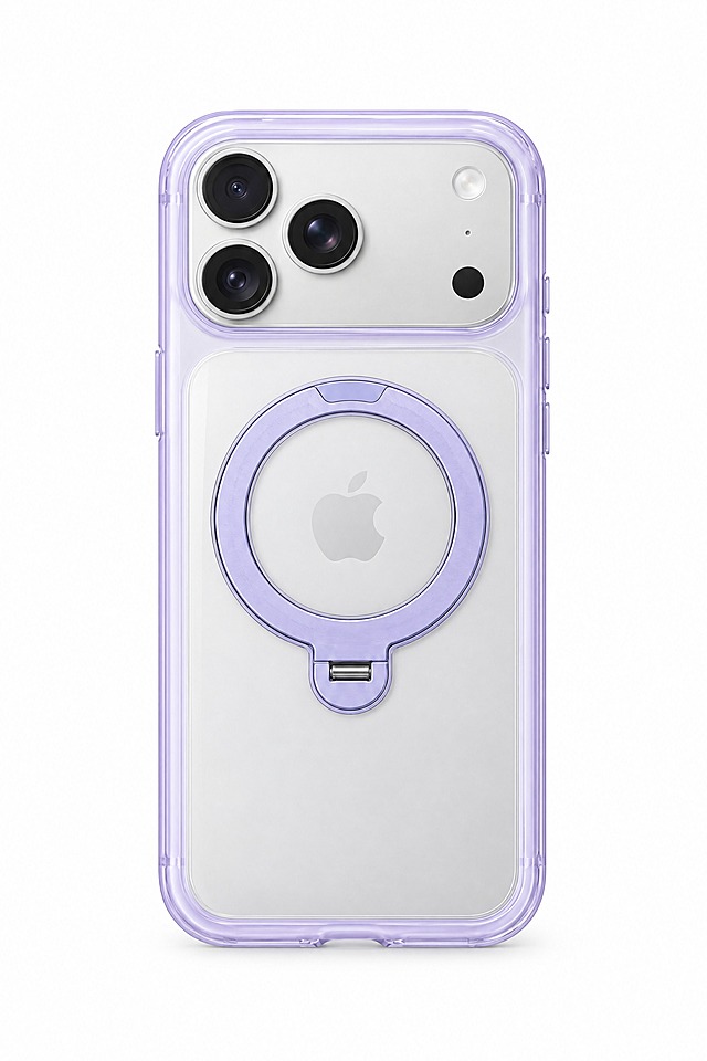 将银白色iPhone手机装入淡紫色边框带磁吸指环支架的透明手机壳中，手机完全套入壳内，摄像头从壳的上方开孔露出，背面苹果logo透过透明背板清晰可见，淡紫色指环支架在手机背面中央位置，贴合紧密，整体效果自然真实，产品摄影风格，纯白背景，高清细节，光影自然